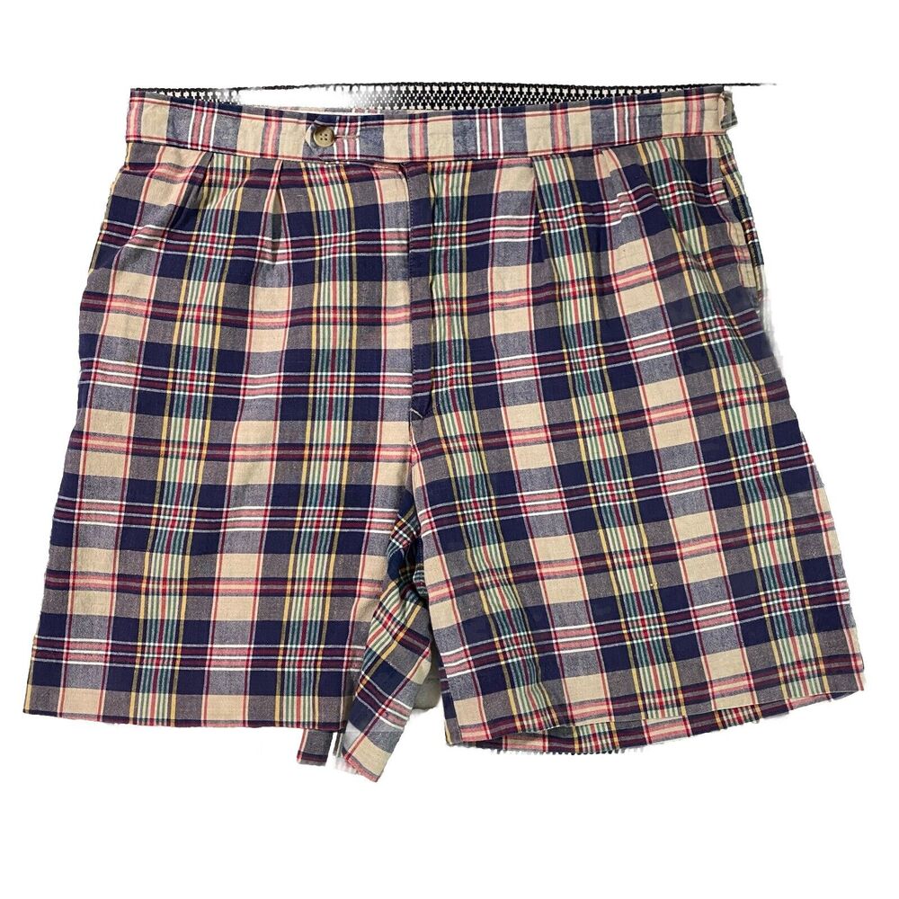 VINTAGE IZOD Lacoste Shorts Mens 36 Plaid Madras Flat Front Adjustable Waist